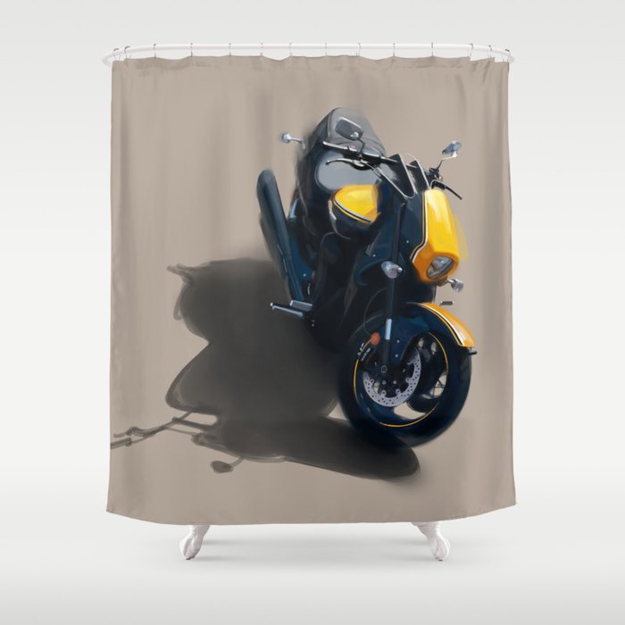  A modern, bright yellow and black motorcycle parked outside on a sunny day Shower Curtain