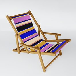 [ Thumbnail: Colorful Blue, Bisque, Goldenrod, Orchid, and Black Colored Stripes Pattern Sling Chair ]