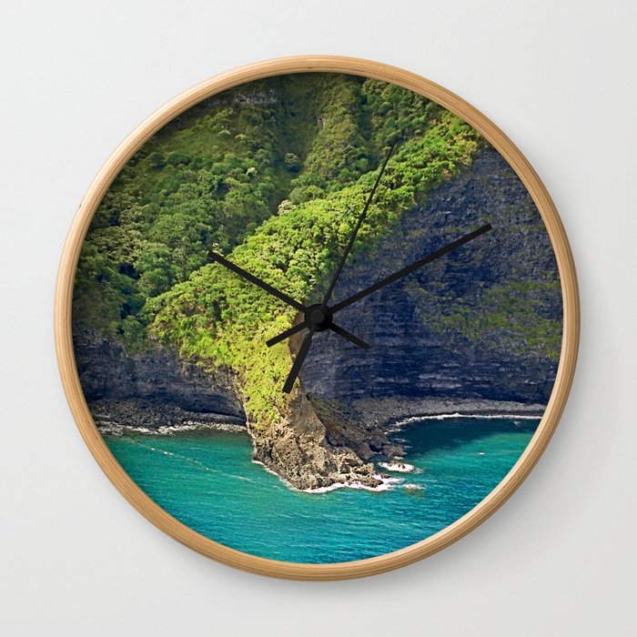 Tropical Island Lush Cliffside Ocean Cove In Teal Emerald Wall Clock