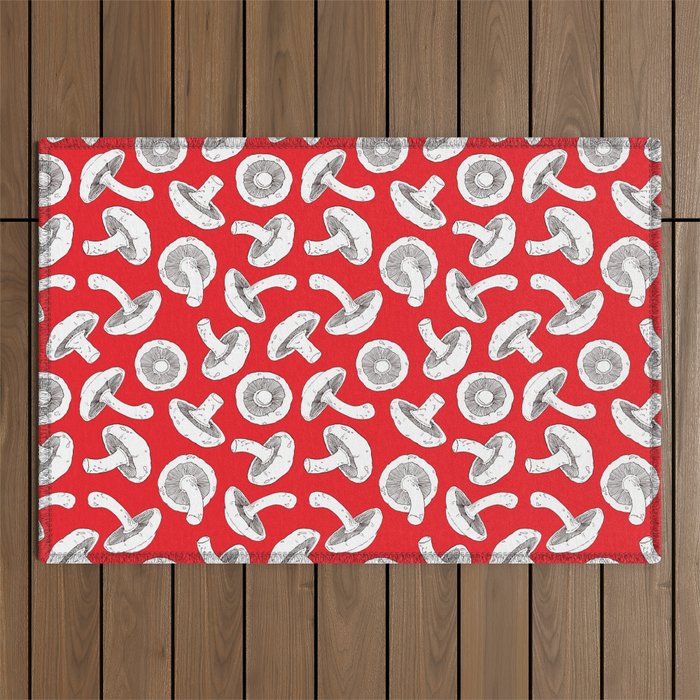 Shiitake mushrooms seamless pattern. Mushrooms repeat pattern. Red and white background vector illustration. Outdoor Rug
