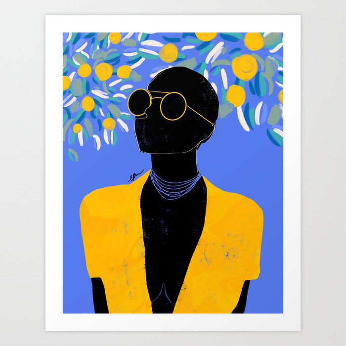 Black woman in yellow lemon tree background Art Print