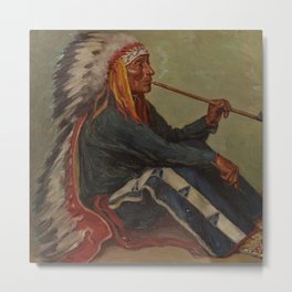 Full portrait of Chief Flat Iron smoking peace pipe Sioux First Nations American Indian portrait painting by Joseph Henry Sharp Metal Print | Paintings, Plains, American, Indian, Flatiron, Yurok, Sioux, Indians, Peacepipe, Apache 