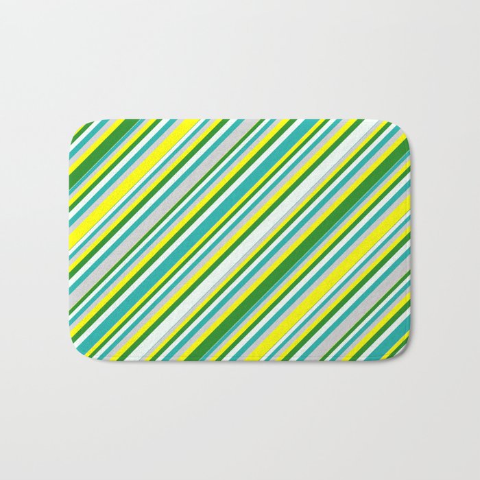 Eyecatching Yellow, Forest Green, Mint Cream, Light Sea Green, and Light Grey Colored Lined Pattern Bath Mat