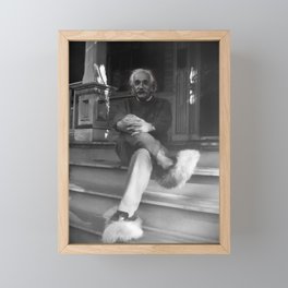 Funny Einstein in Fuzzy Slippers Classic Black and White Satirical Photography - Photographs Framed Mini Art Print