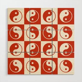 Checkered Yin Yang Pattern (Light Beige + Cherry Red Color Palette) Wood Wall Art