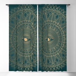 Luxury Ornamental Golden Eye Mandala On Dark Green Blackout Curtain
