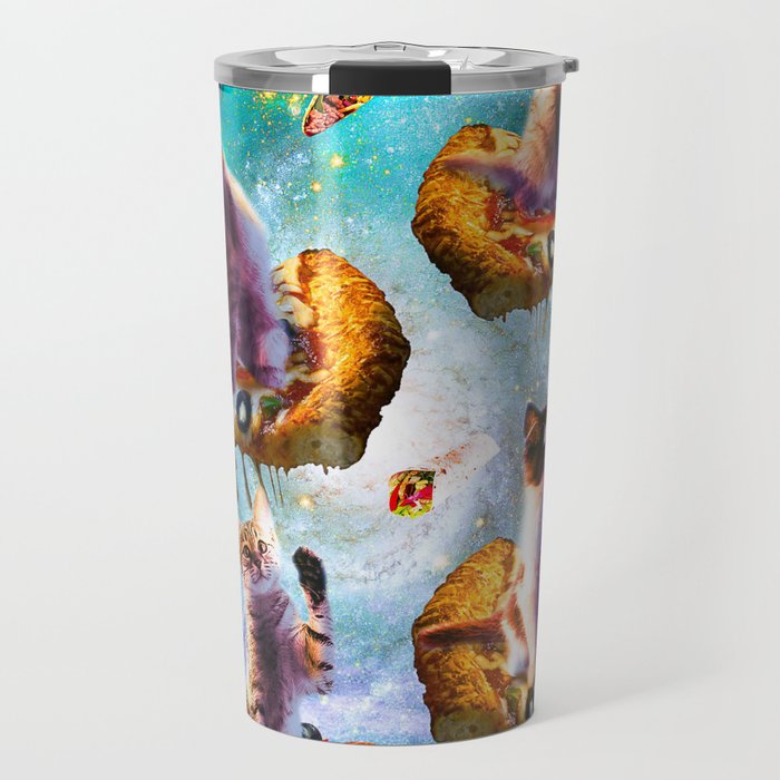 Outer Space Cats With Rainbow Laser Eyes Riding On Pizza Travel Mug