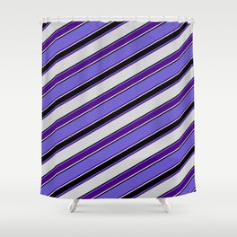 [ Thumbnail: Slate Blue, Indigo, Light Grey, and Black Colored Lined Pattern Shower Curtain ]