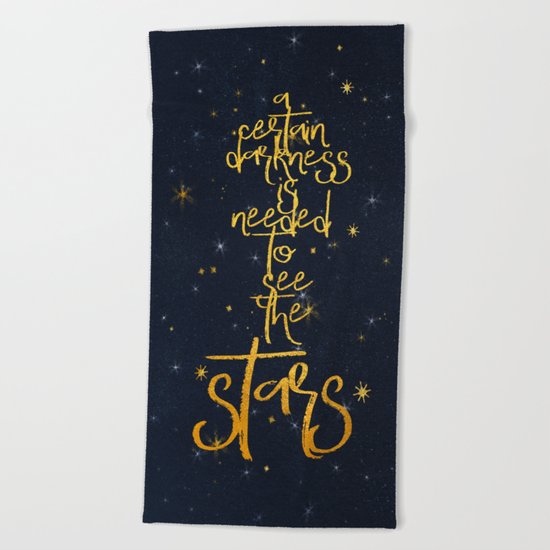 Darkness-Stars - sparkling night gold glitter effect typography on #Society6 Beach Towel
