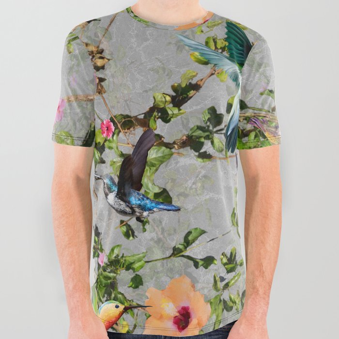 Hummingbird Hibiscus Collage Floral All Over Graphic Tee
