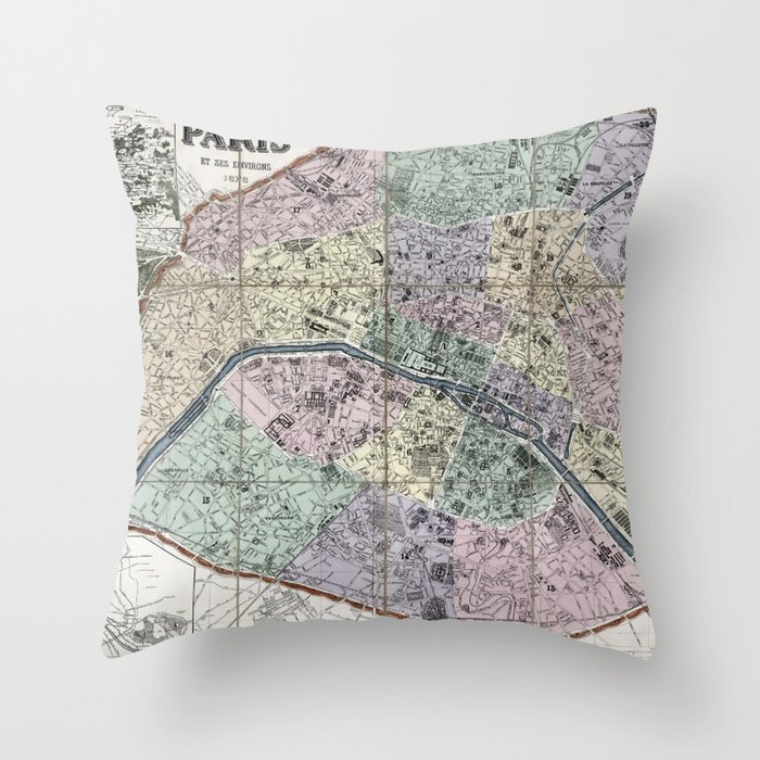 Map of Paris, France - 1878 vintage pictorial map Throw Pillow