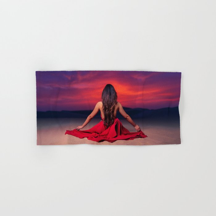 Another tequila sunrise; woman watching purple and pink sunrise in the desert magical realism female portrait color photograph / photography Hand & Bath Towel