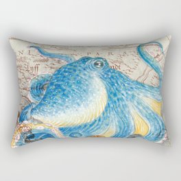 Blue octopus Vintage Map Watercolor Nautical Marine Art Rectangular Pillow