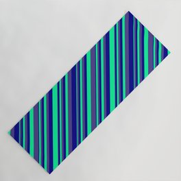 [ Thumbnail: Green, Dark Slate Blue & Dark Blue Colored Lined/Striped Pattern Yoga Mat ]