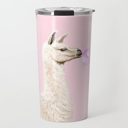 Playful Llama Chewing Bubble Gum in Pink Travel Mug