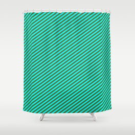 [ Thumbnail: Dark Olive Green & Cyan Colored Pattern of Stripes Shower Curtain ]