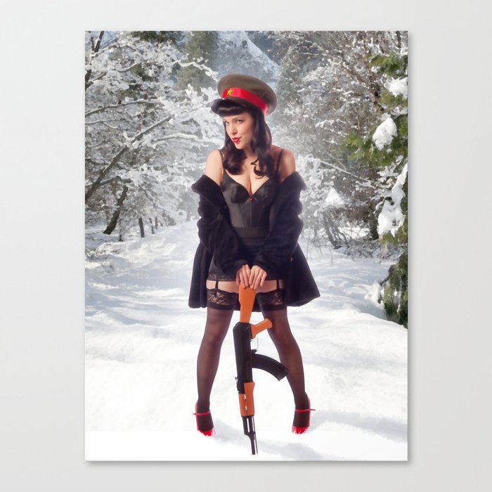 "Sovietsky on Ice" - The Playful Pinup - Russian Theme Pin-up Girl in Snow by Maxwell H. Johnson Canvas Print