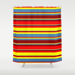 [ Thumbnail: Red, Yellow, Blue & Dark Red Colored Stripes/Lines Pattern Shower Curtain ]