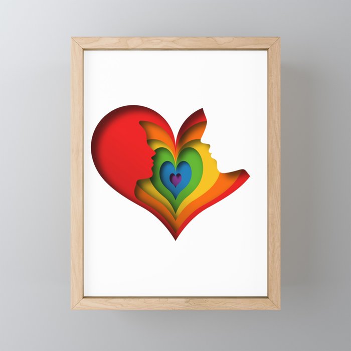 Paper cut gay couple in love illustration with LGBT flag colors  Framed Mini Art Print
