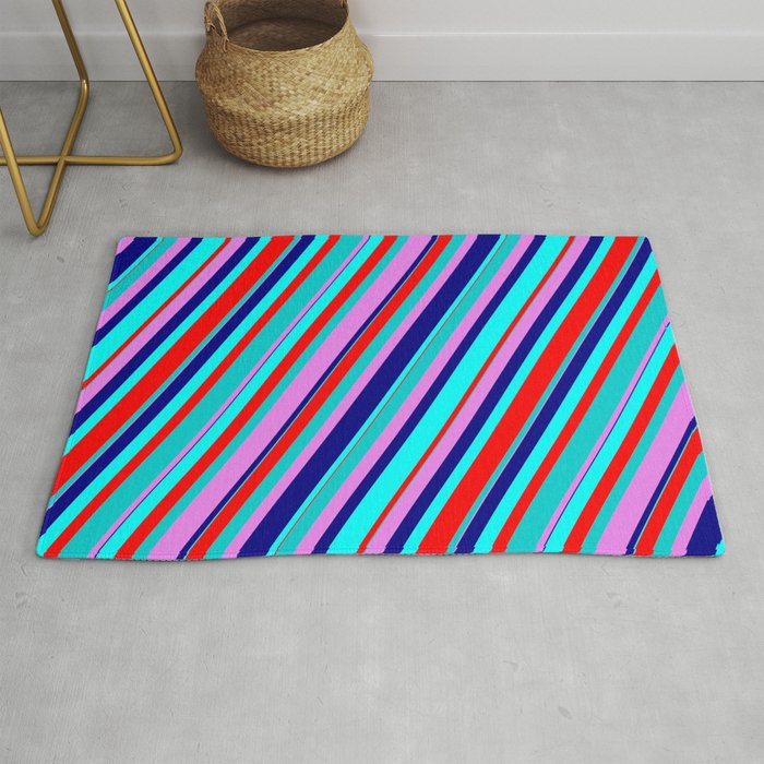 Colorful Aqua, Red, Dark Turquoise, Violet, and Blue Colored Lined Pattern Rug