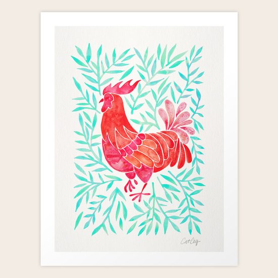 Le Coq Watercolor Rooster with Mint Leaves Art Print by catcoq Society6
