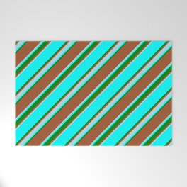 [ Thumbnail: Sienna, Powder Blue, Aqua & Green Colored Stripes Pattern Welcome Mat ]