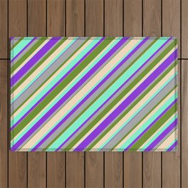 [ Thumbnail: Green, Bisque, Aquamarine, Purple & Dark Gray Colored Stripes Pattern Outdoor Rug ]