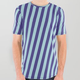 [ Thumbnail: Dark Slate Blue & Powder Blue Colored Lines Pattern All Over Graphic Tee ]