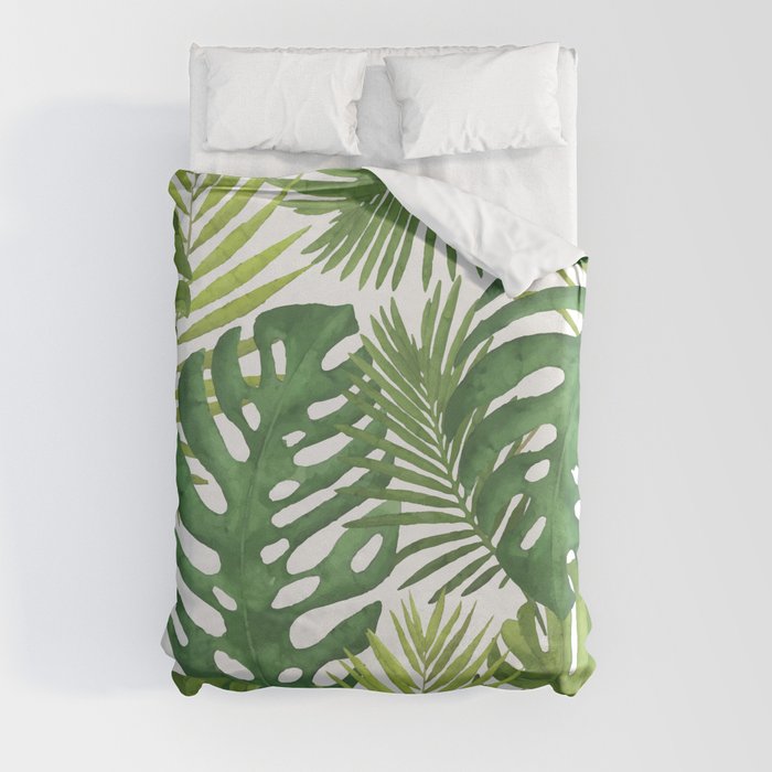 Tropicalist Monstera, Green Leaves Pattern, Nature Botanical, Boho Home Décor Duvet Cover
