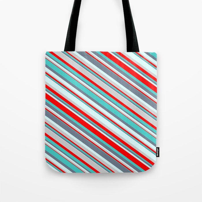 Colorful Light Grey, Red, Turquoise, Slate Gray & Light Cyan Colored Pattern of Stripes Tote Bag