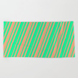 [ Thumbnail: Green & Light Salmon Colored Striped/Lined Pattern Beach Towel ]