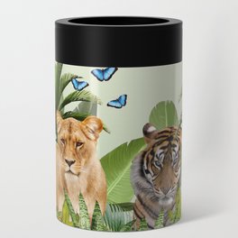 Lion Tiger Tropical Jungle Palm Banana Leaves Macaw Birds Butterflies Can Cooler