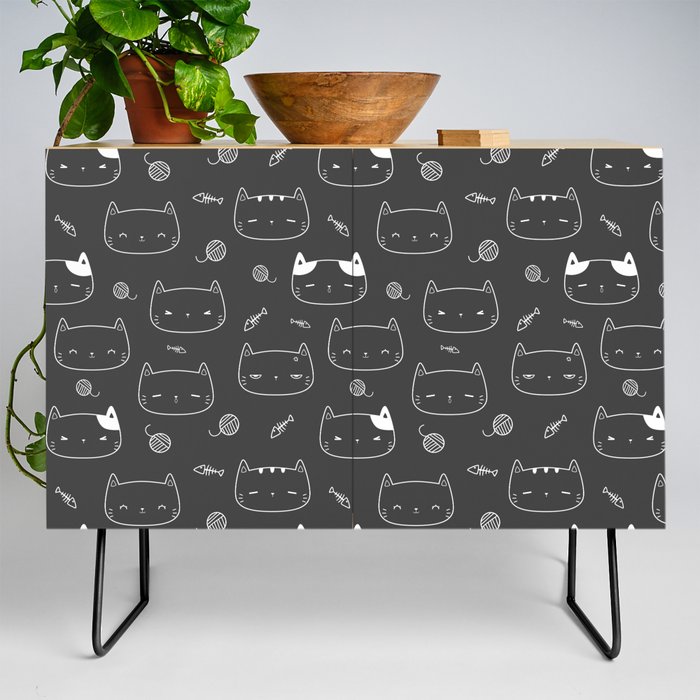 Dark Grey and White Doodle Kitten Faces Pattern Credenza