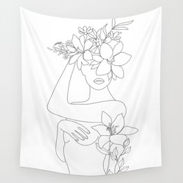 Minimal Line Art Woman with Flowers VI Wall Tapestry