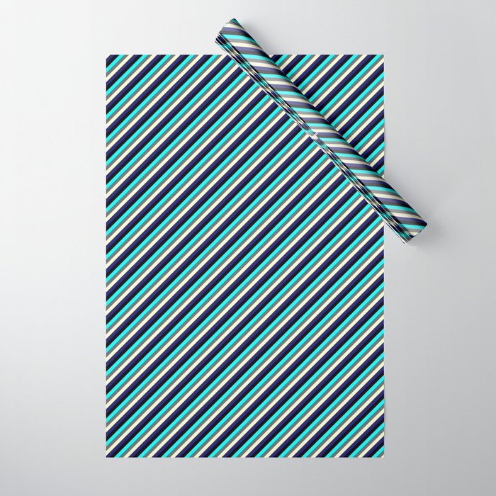 Aqua, Dim Gray, Light Yellow, Midnight Blue & Black Colored Stripes/Lines Pattern Wrapping Paper