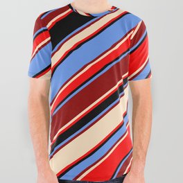 [ Thumbnail: Cornflower Blue, Dark Red, Bisque, Red & Black Colored Stripes Pattern All Over Graphic Tee ]