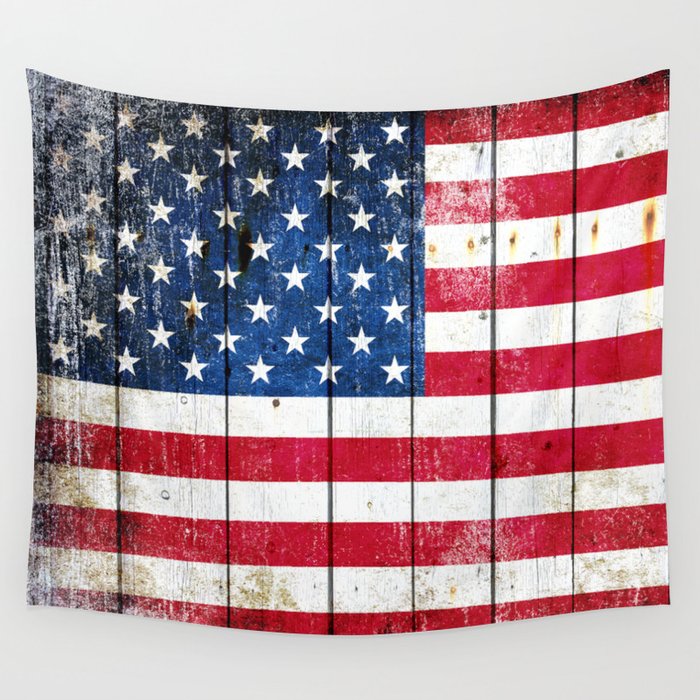 Distressed American Flag On Wood Planks - Horizontal Wall Tapestry