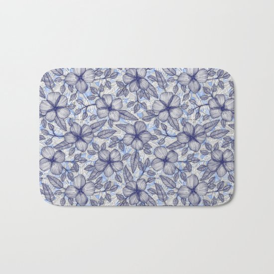 Indigo Summer - a hand drawn floral pattern Bath Mat