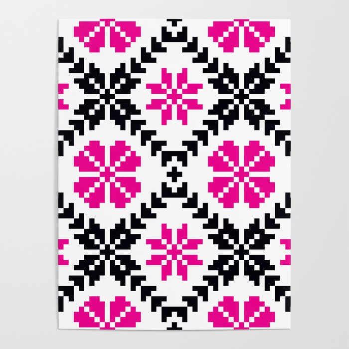Ethnic Folk Eastern European Embroidery with Pink Flowers Poster