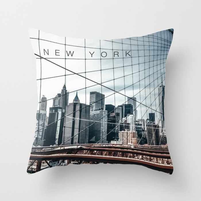 New York City Manhattan skyline and Brooklyn Bridge Throw Pillow