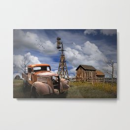 Old Junk Truck for Sale and Wooden Barn with Windmill Metal Print | Abandoned, Auto, Fence, Forsale, Car, Automobile, Prairie, Ranch, Barn, Vehicle 