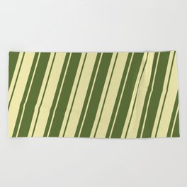 [ Thumbnail: Dark Olive Green & Pale Goldenrod Colored Pattern of Stripes Beach Towel ]