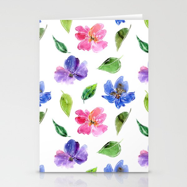 Blue, pink flowers. Watercolor florals. Botany. Stationery Cards