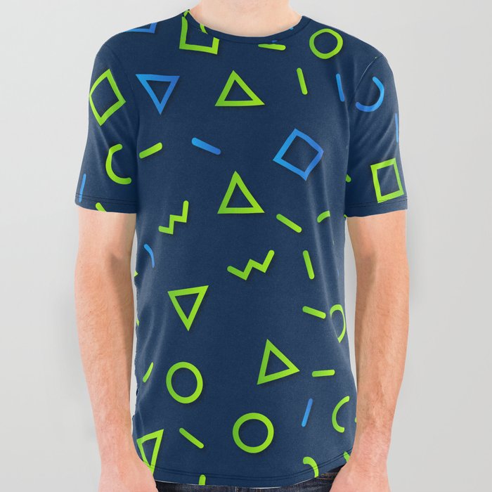 Blue & Green Color Geometric Pattern All Over Graphic Tee