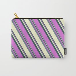 [ Thumbnail: Dark Slate Gray, Orchid, Slate Gray & Light Yellow Colored Striped Pattern Carry-All Pouch ]