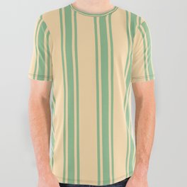 [ Thumbnail: Tan and Dark Sea Green Colored Lined Pattern All Over Graphic Tee ]