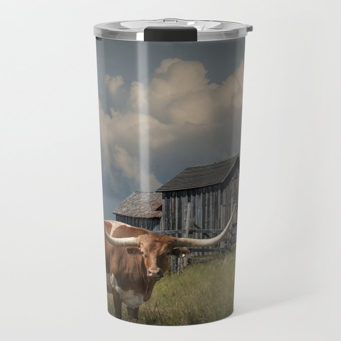 Longhorn Steer in a Prairie pasture by 1880 Town with Windmill and Old Gray Wooden Barn Travel Mug