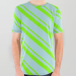 [ Thumbnail: Chartreuse & Powder Blue Colored Lined Pattern All Over Graphic Tee ]