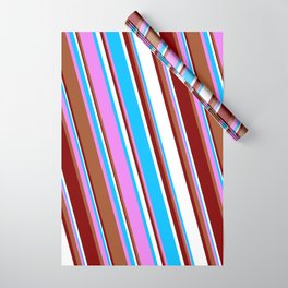 [ Thumbnail: Vibrant Violet, Sienna, Maroon, White, and Deep Sky Blue Colored Stripes Pattern Wrapping Paper ]