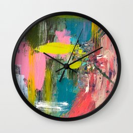Collision - a bright abstract with pinks, greens, blues, and yellow Wall Clock